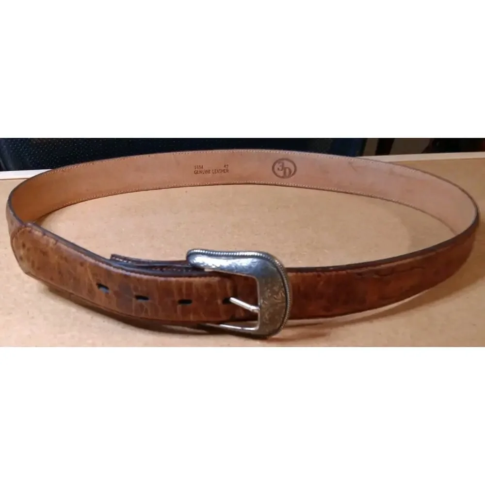 3D Genuine Leather Belt Printed Ostrich 1654 Sz 42 D-Ring Buckle Silver Color